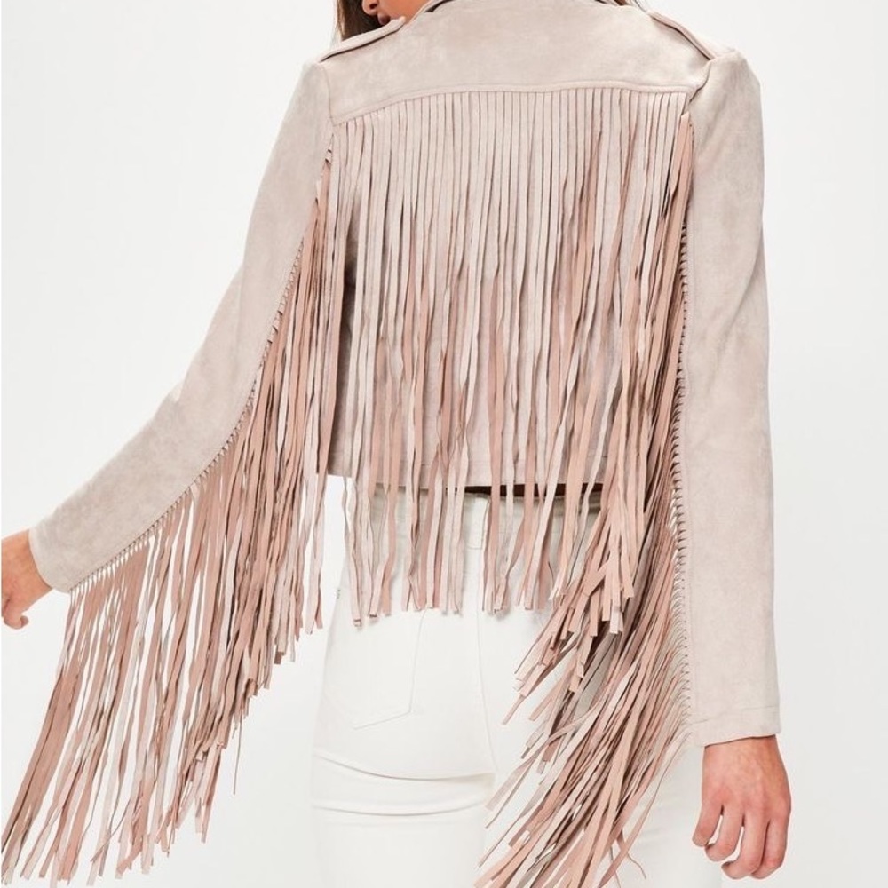 Blush Colored Biker Jacket w/ Fringe Detail Across the Back and Arms.